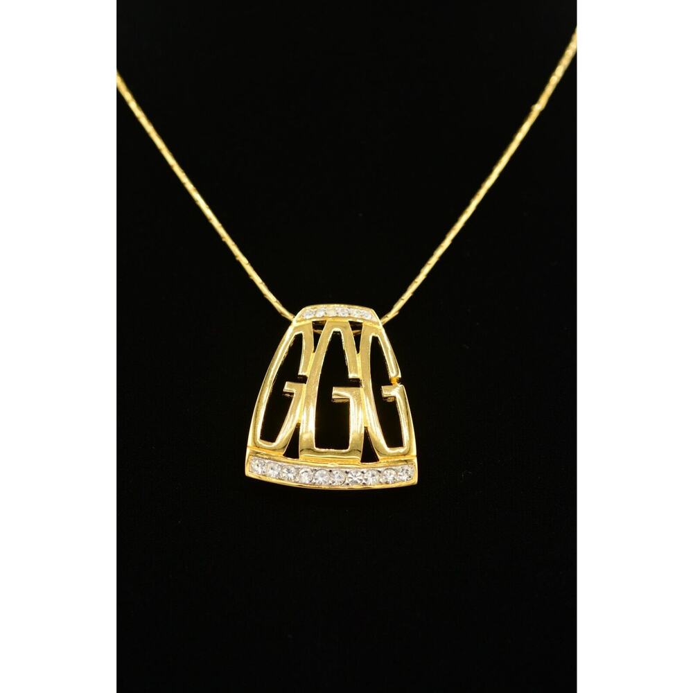 Givenchy Vintage Logo Pendant Necklace G Crystal Gold Signed NOS 80s 1980s Bin8 - Picture 10 of 12